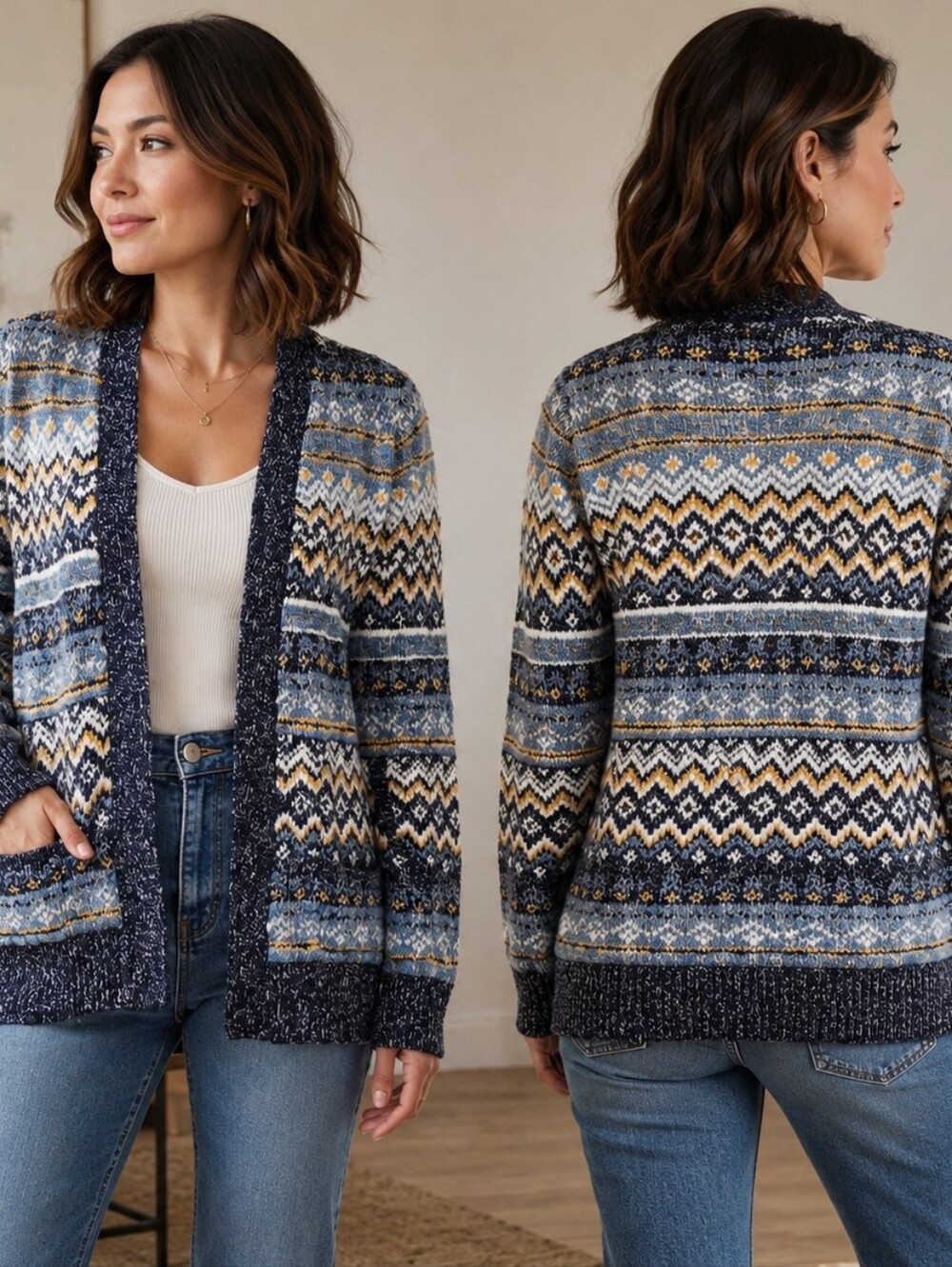 L.L.Bean Fair Isle Open Front Cardigan Sweater Women’s Medium Petite Blue Nordic